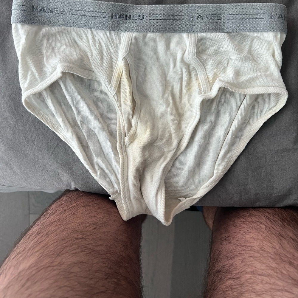 Worn and used Hanes Comfort XL white briefs.